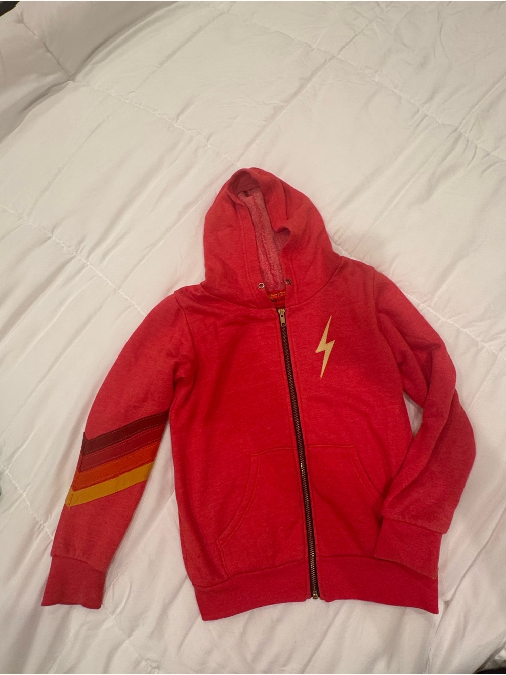 Aviator Nation Red Zip Hoodie with Gold Lightning & Multi-Stripe Sleeve